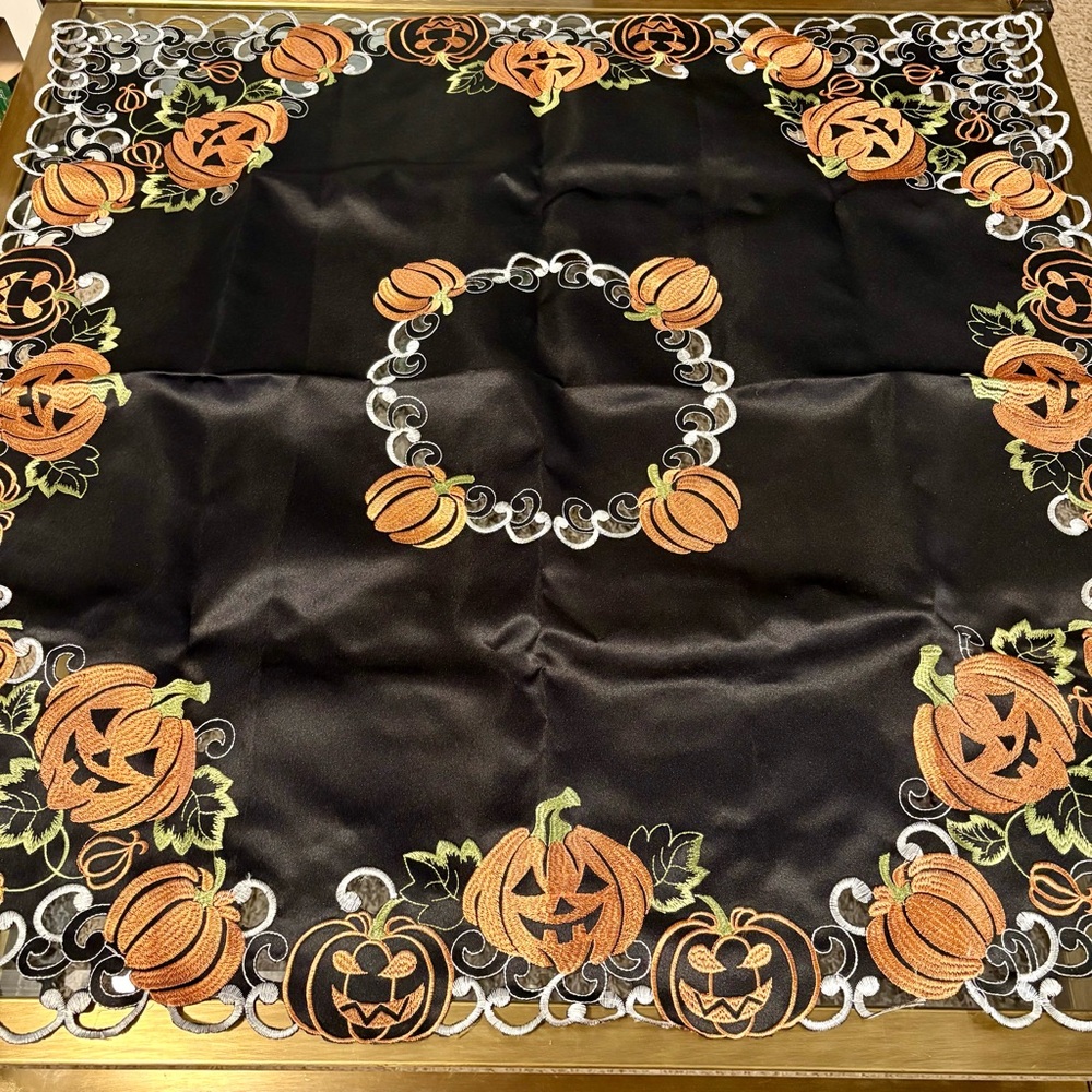 Halloween Tablecloth | Black Square Table Cover with Jack-O’-Lantern Design